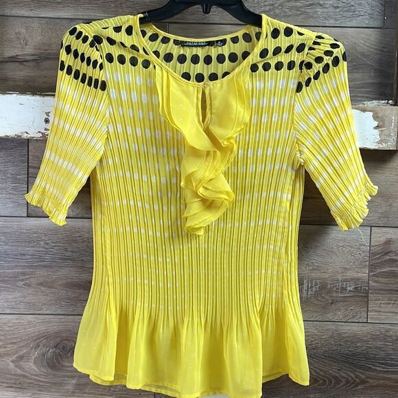 Notations Ladies Yellow Polka Dot Pleated Blouse, Size Medium - Picture 3 of 8
